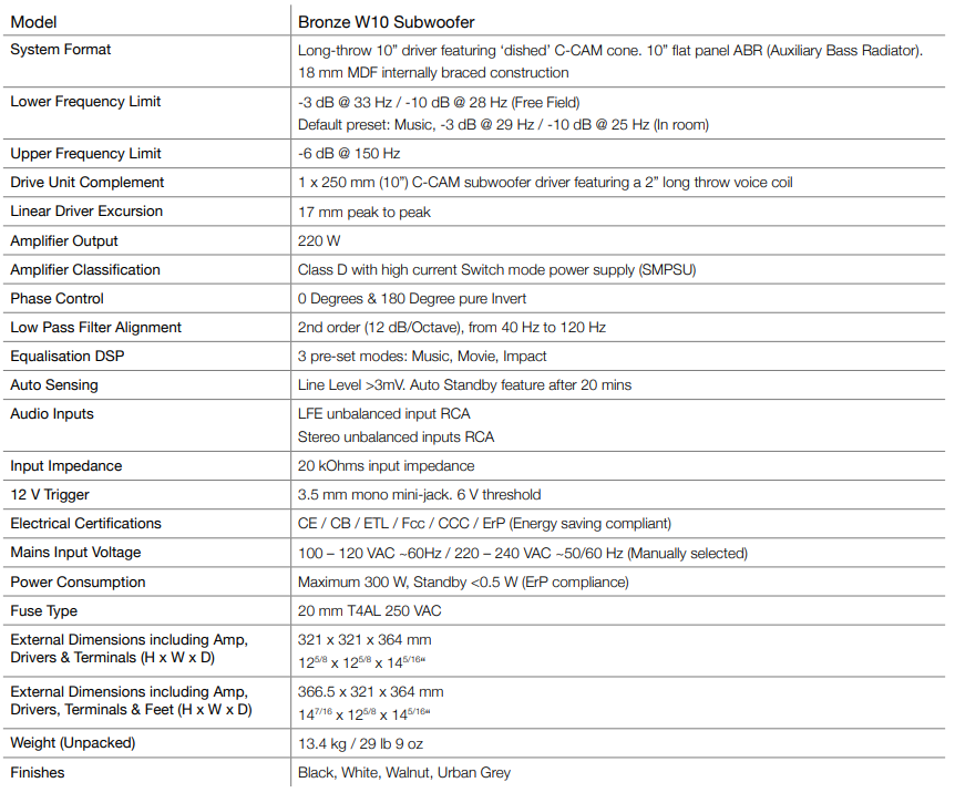 Monitor audio Bronze W10 subwoofer specifications